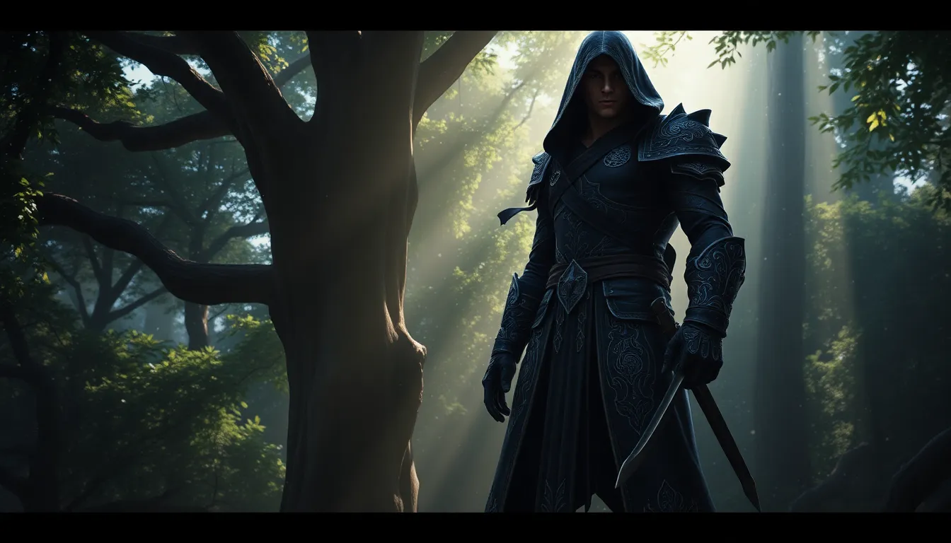 a rogue character in dark armor poised for stealth in a fantasy forest.