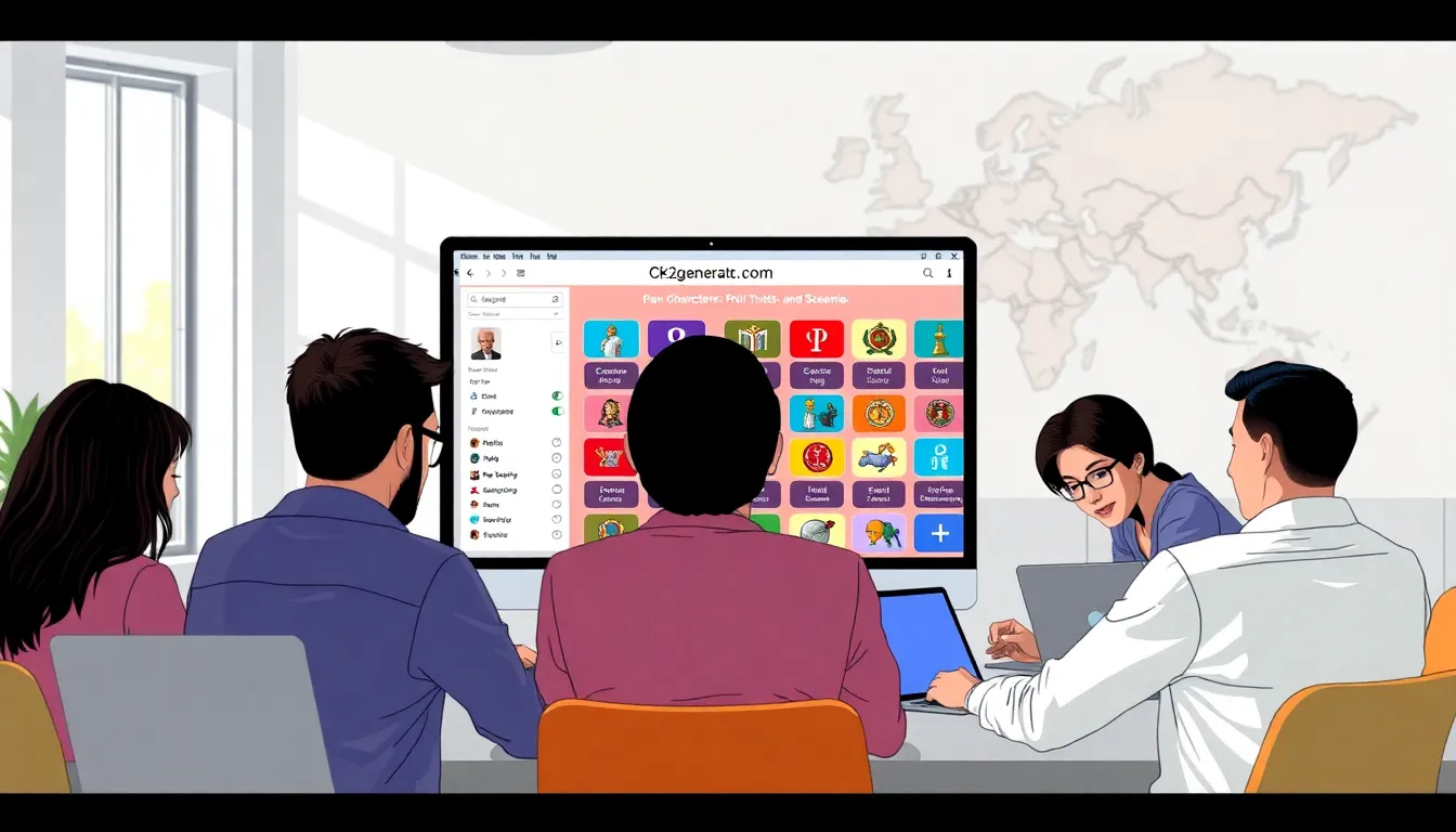 diverse group of players engaging with Ck2generator.com in a modern workspace.