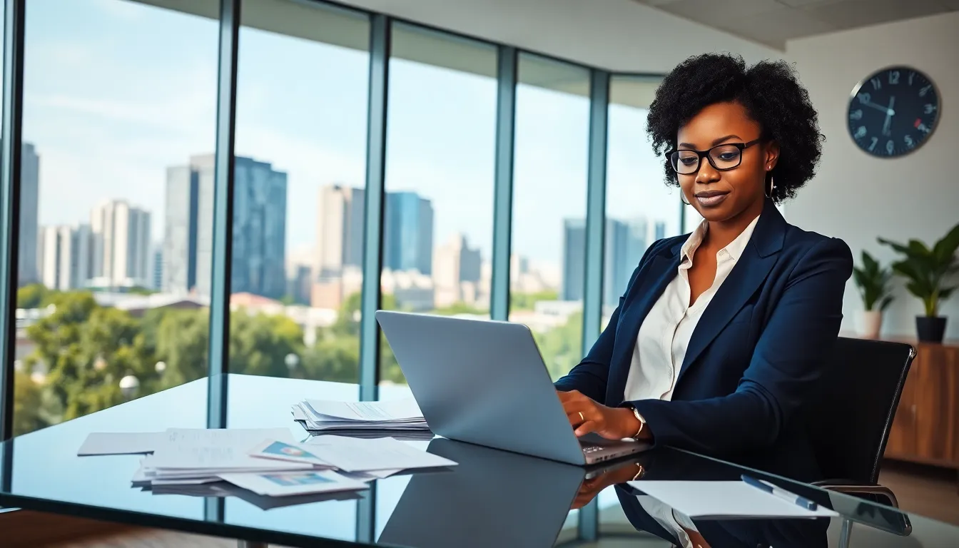 a real estate agent typing an email in a modern office setting.