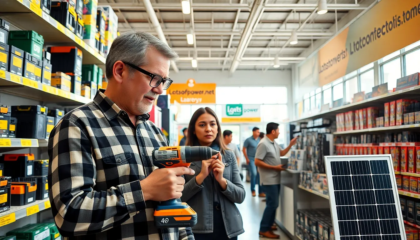 customers exploring power tools and renewable energy products in a modern store.