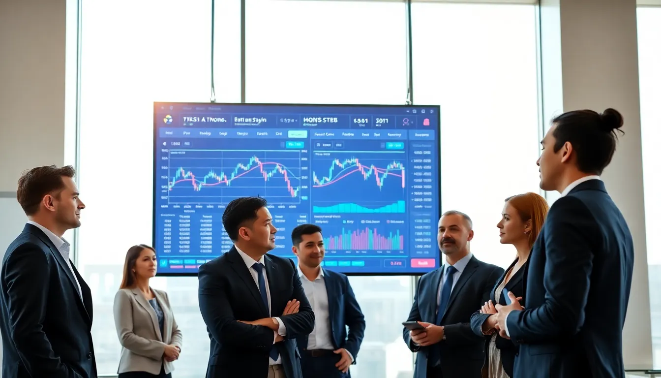 professionals analyzing a cryptocurrency trading interface in a modern office.