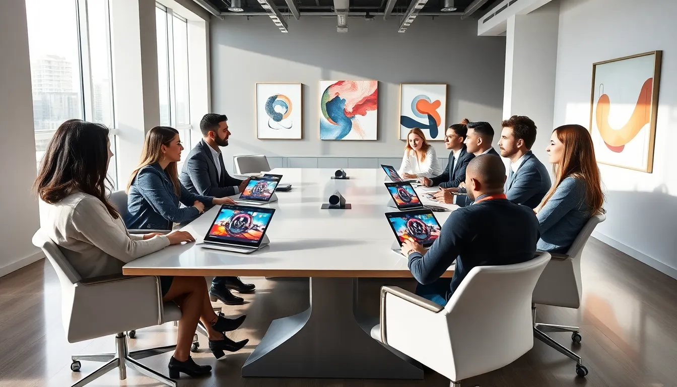 professionals discussing NFTs in a modern office setting.