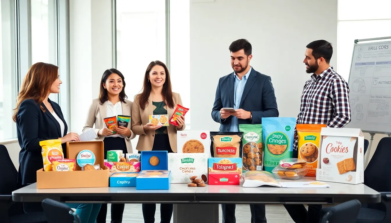diverse team discussing cookie packaging options in a modern office.