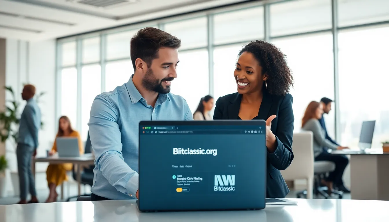 diverse professionals discussing Bitclassic.org in a modern office.