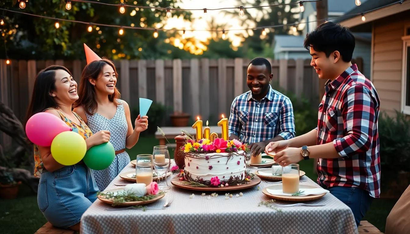 a group of friends celebrating a thrifty birthday party in a cozy backyard.
