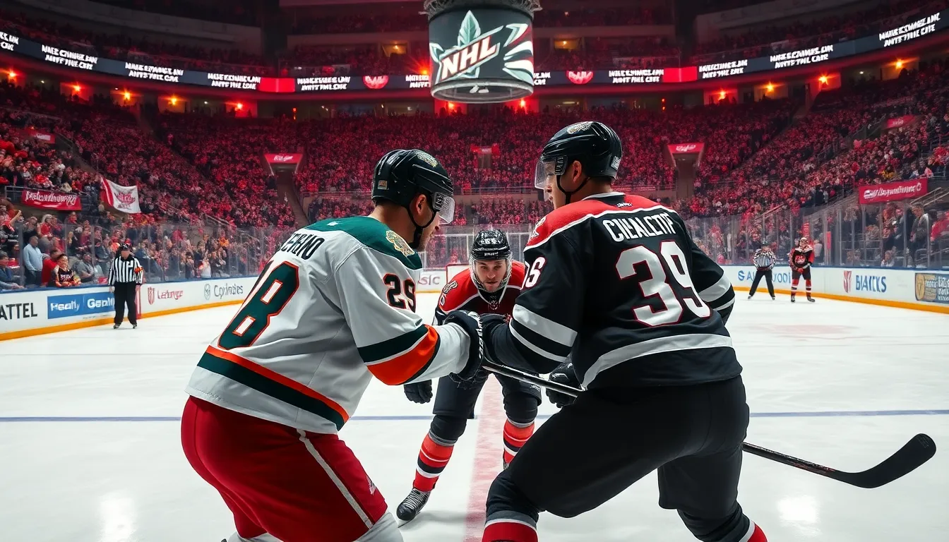 intense NHL face-off during a packed ice hockey game.