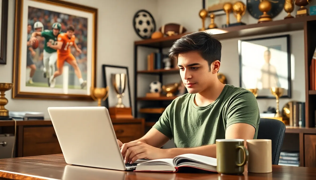 A young sports journalist writing an article in a cozy study filled with memorabilia.