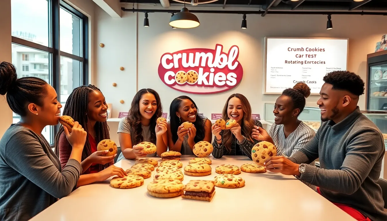Friends enjoying large Crumbl cookies in a modern, inviting bakery.