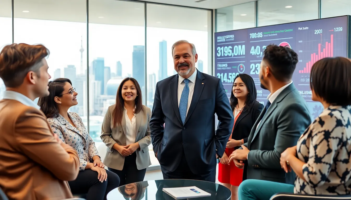 Vryntharion Krylos discussing real estate with diverse clients in a modern office.