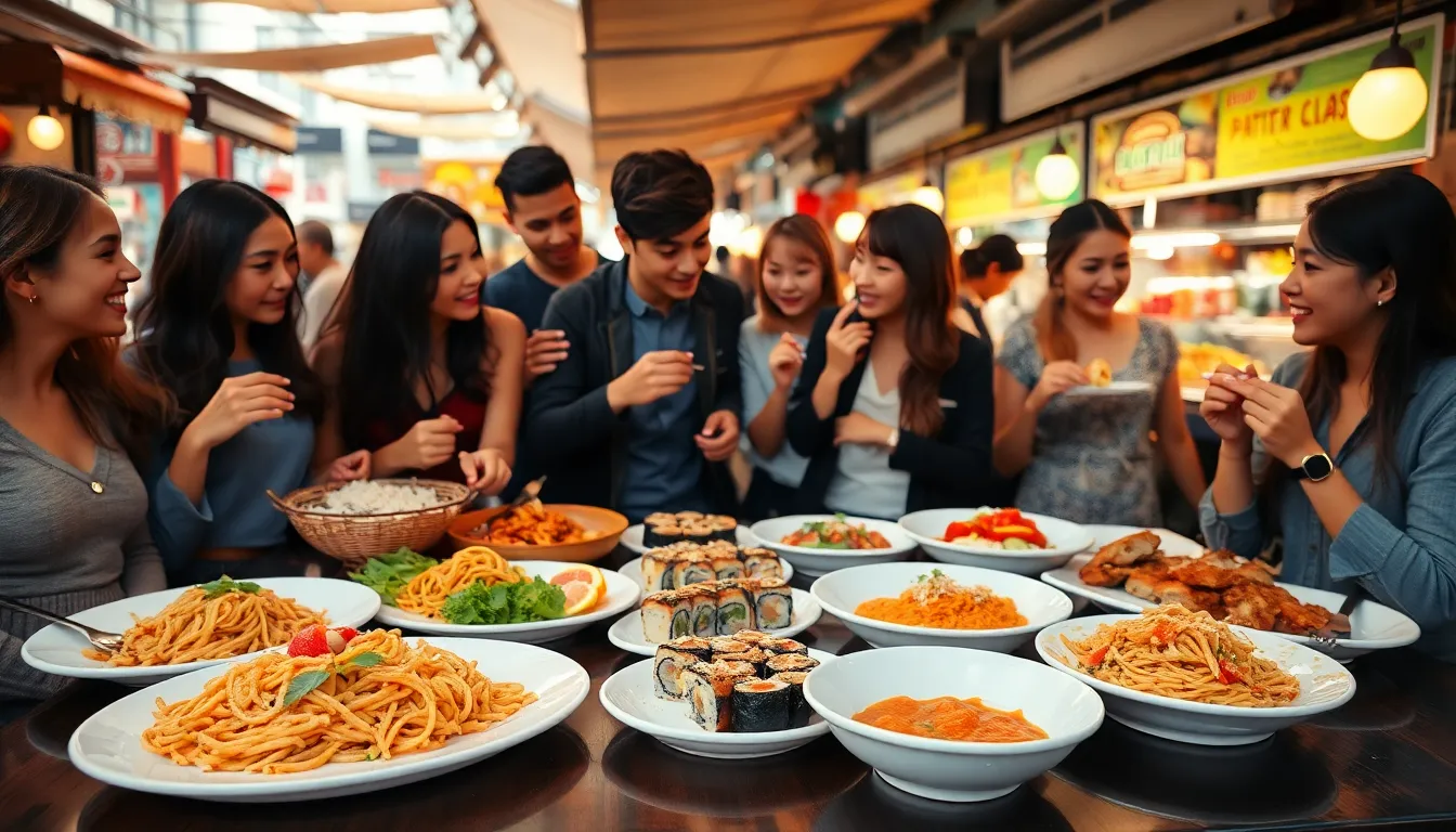 diverse group enjoying food at an urban market.