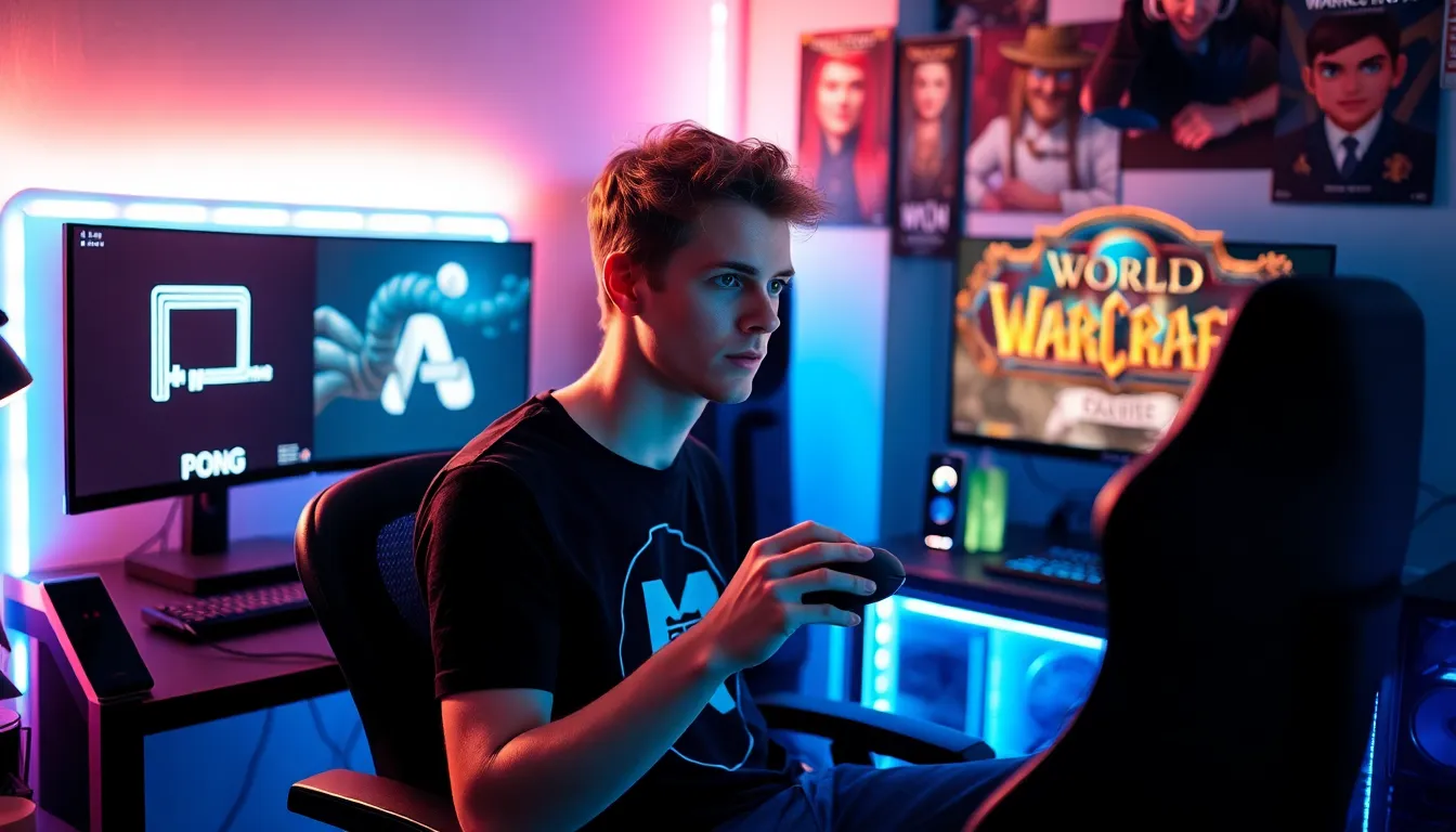 a gamer immersed in a modern gaming setup featuring classic and contemporary games.