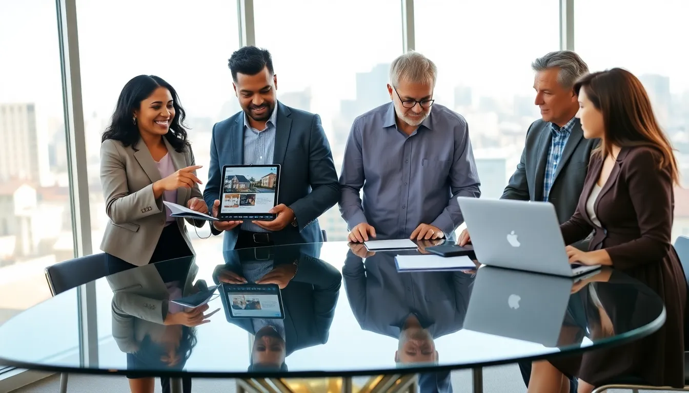 A diverse team of real estate agents collaborating in a bright office.