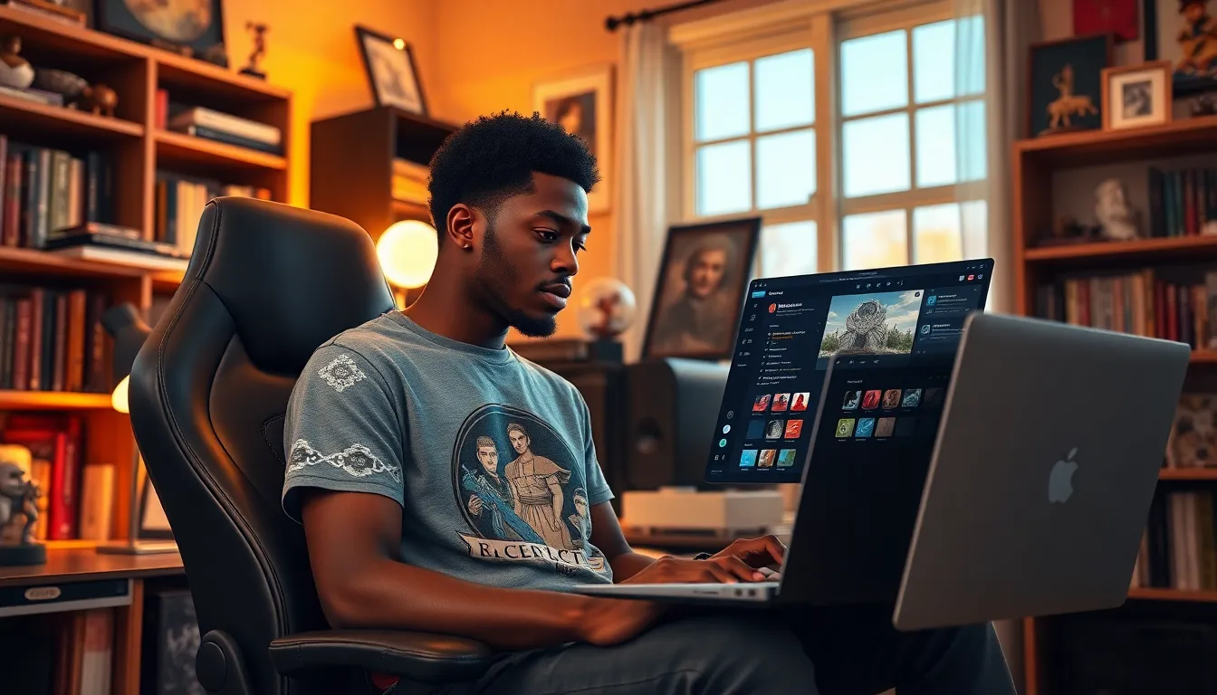 A young gamer creating characters using CK2Generator in a stylish home office.