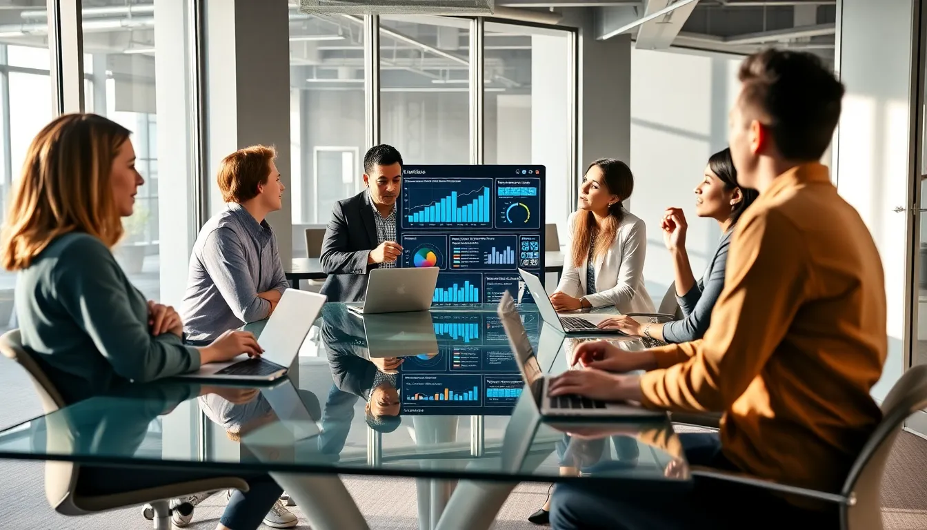 diverse team collaborating on digital marketing strategies in a modern office.