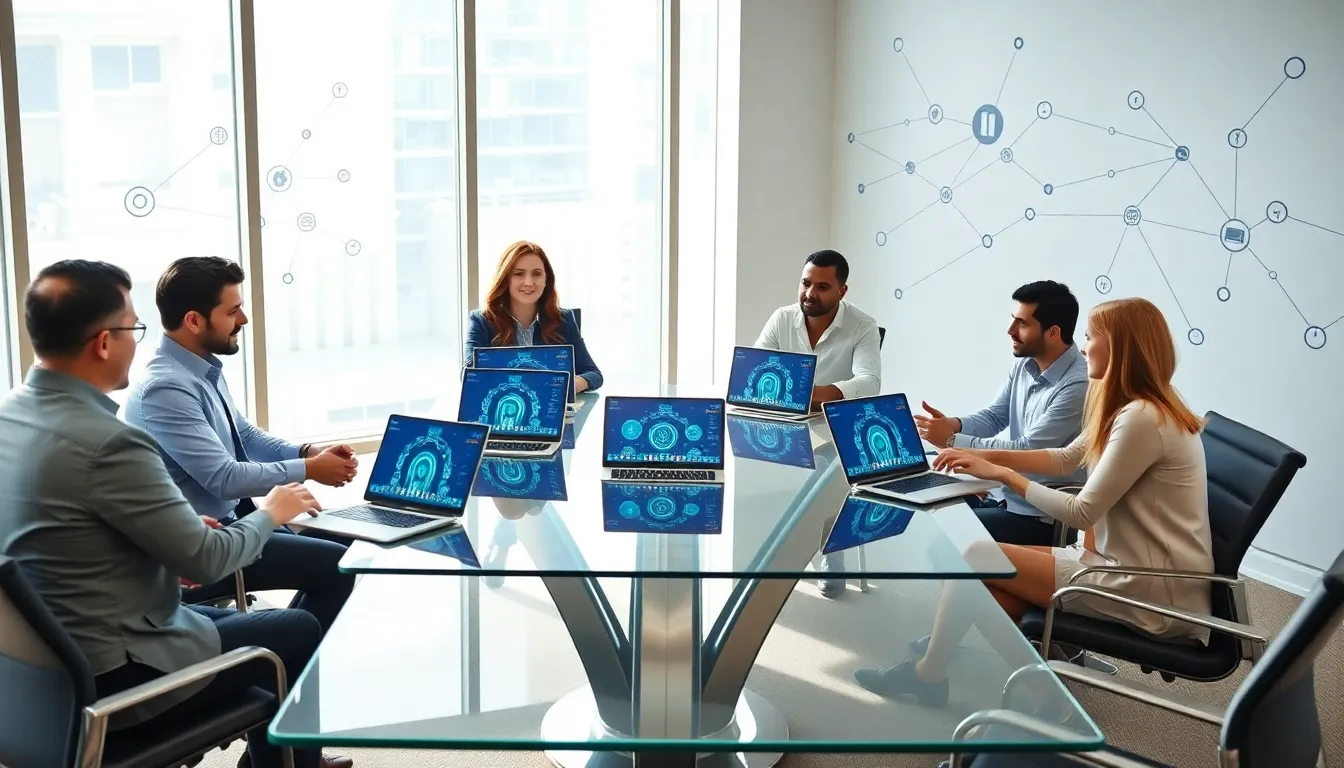 team discussing blockchain staking in a modern office setting.