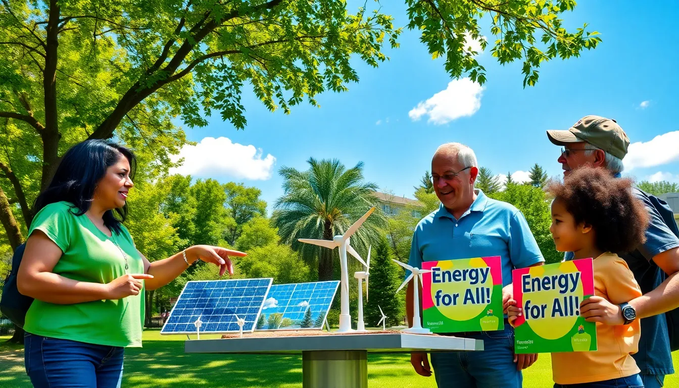 community members discussing solar panels in a sunny park.