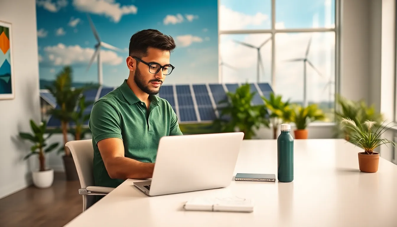 A man working at a desk in a modern office promoting renewable energy.