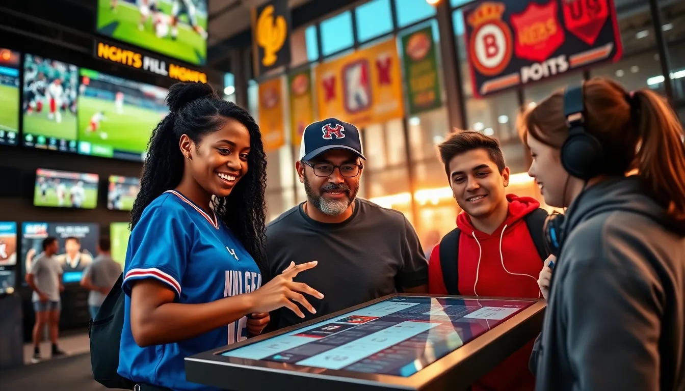 diverse sports fans interacting with a digital sports news platform.