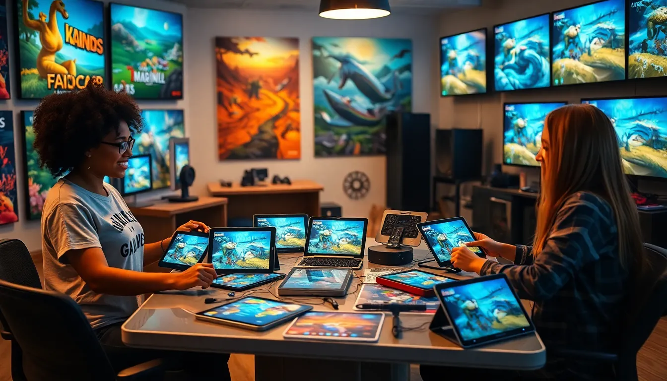 a diverse team collaborates in a modern gaming studio setting.