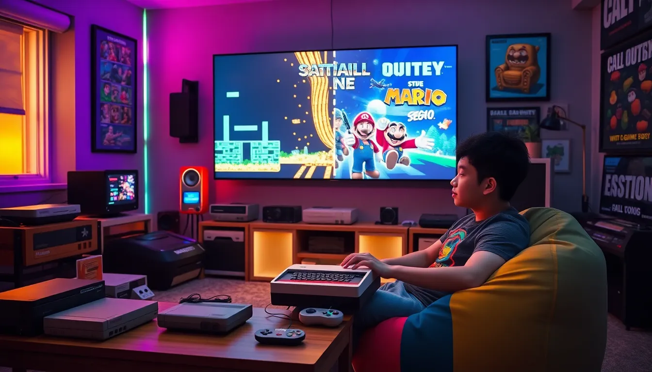 a young man playing retro games with modern consoles around him.